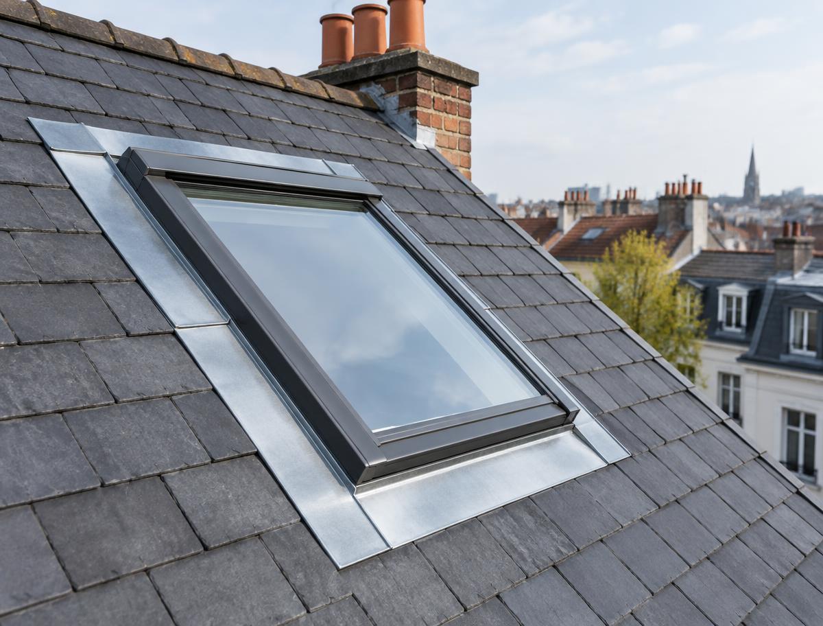 Fenêtre de toit avec raccord zinc sur une toiture bruxelloise